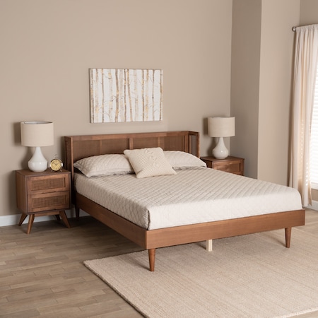 Baxton Studio Rina MidCentury Modern Ash Walnut Finished Wood 3Piece King Size Bedroom Set with Synthetic Rattan 223-9816-9817-11298-ZORO